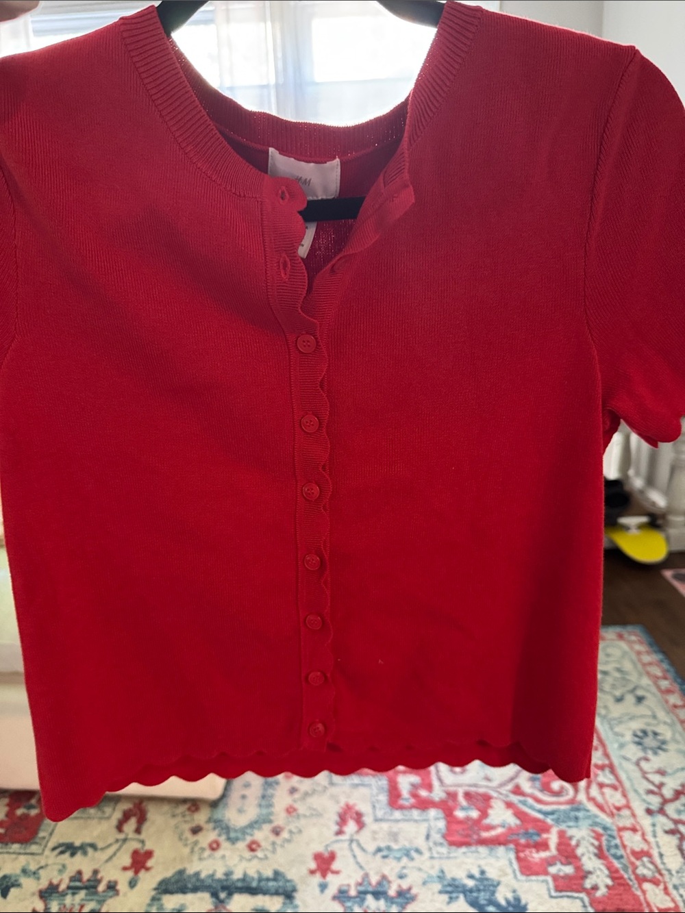 H&M Red Scallop-Edge Button-Up Knit Top